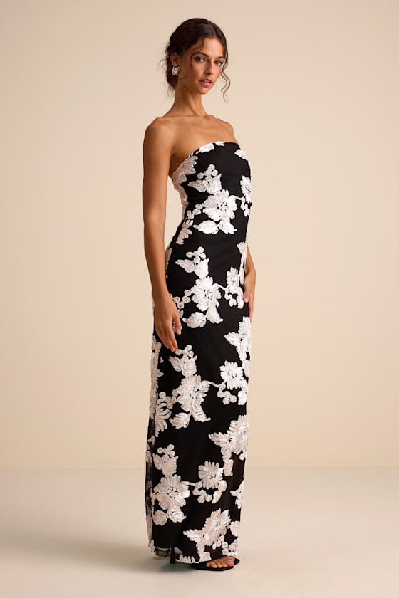 Fitzroy Black Floral Textured Strapless Maxi Dress
