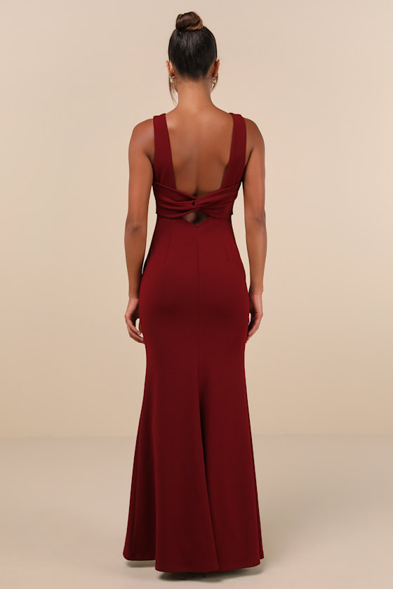 Love In Your Eyes Wine Red Knotted Mermaid Maxi Dress