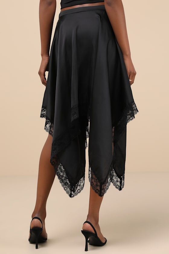 Indescribable Allure Black Satin Handkerchief Midi Skirt