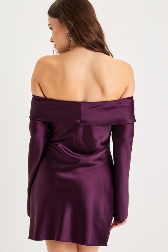 Luxurious Vision Plum Purple Satin Off-the-Shoulder Mini Dress