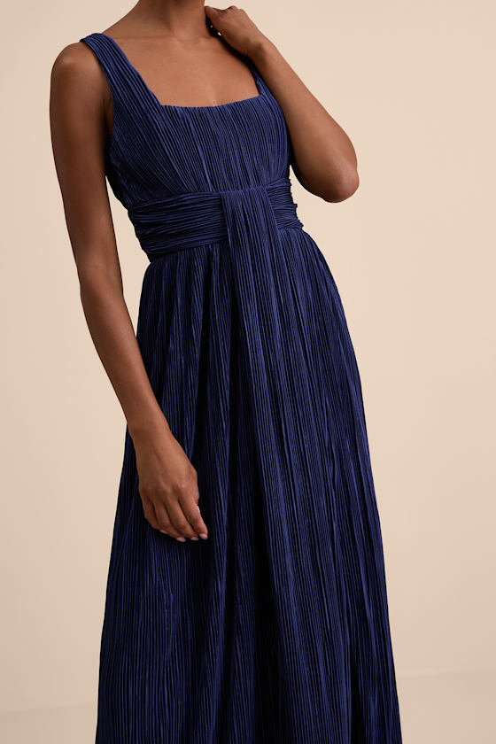 Ameena Navy Blue Plisse Square Neck Sash Maxi Dress