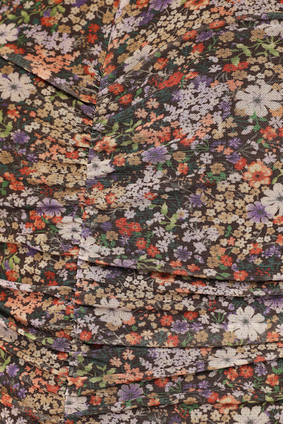 Everyday Luck Brown Floral Print Ruched Long Sleeve Bodysuit