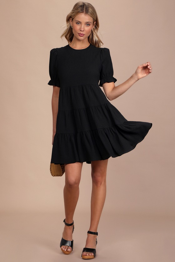Favorite Day Black Puff Sleeve Tiered Mini Dress