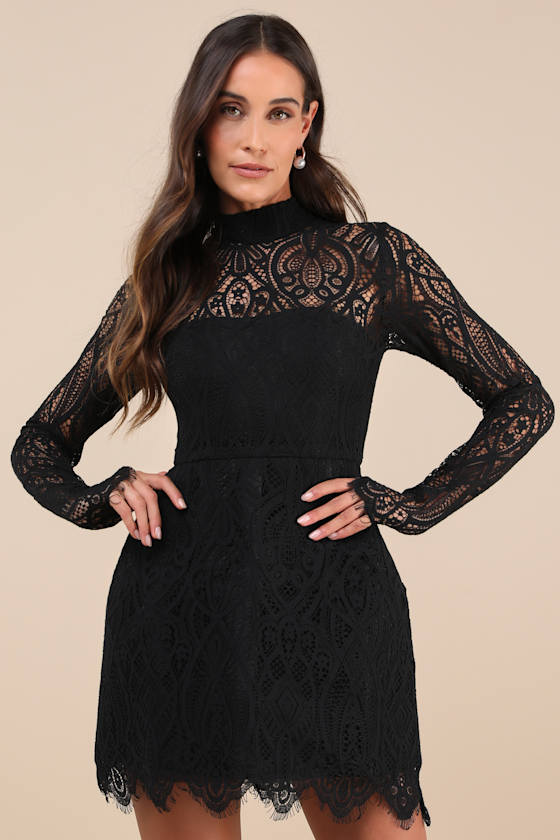 Gorgeous Attraction Black Lace Structured Long Sleeve Mini Dress