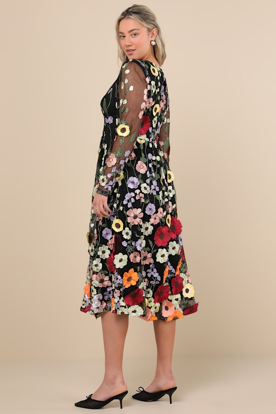 Impressive Blossom Black 3D Floral Embroidered Midi Dress