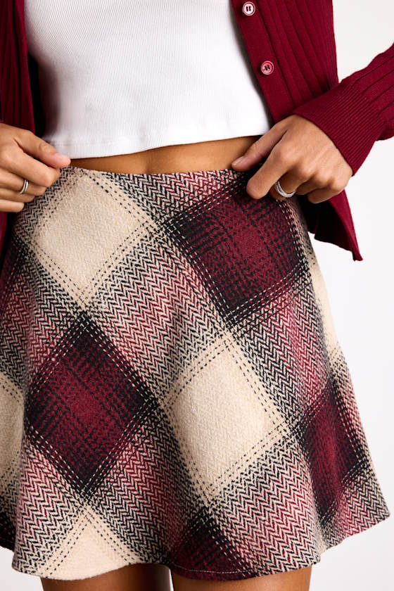 Plaid You Asked Ivory and Burgundy Plaid Skater Mini Skirt