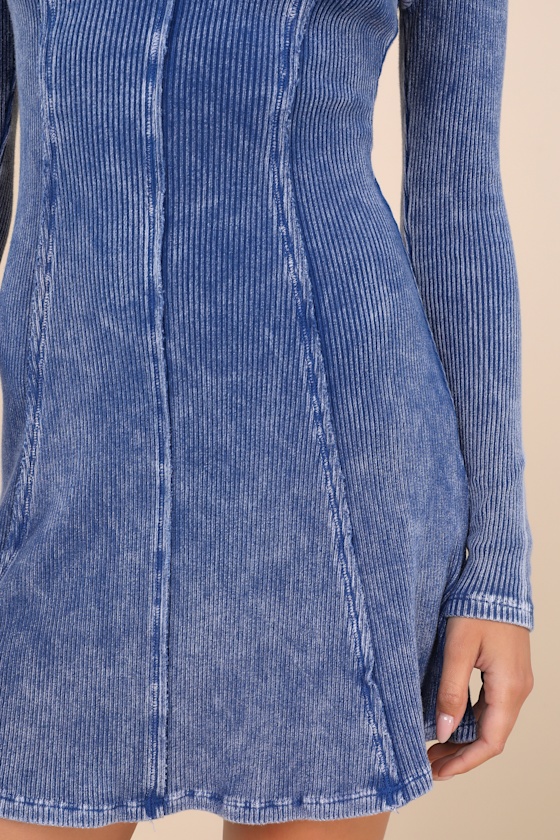 Pristine Cuteness Washed Blue Ribbed Long Sleeve Mini Dress