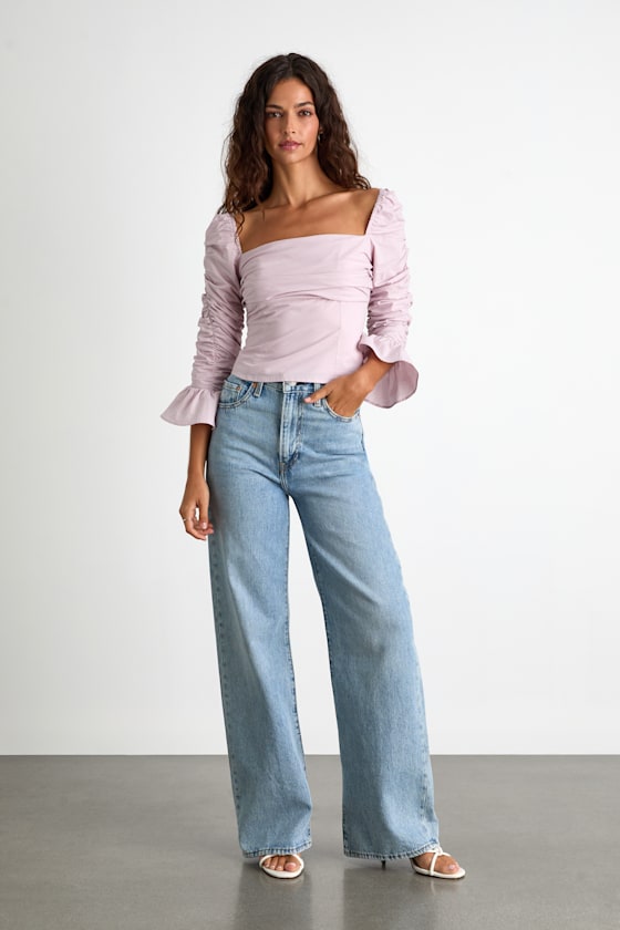Felia Dusty Lavender Cotton Ruched Three-Quarter Sleeve Top
