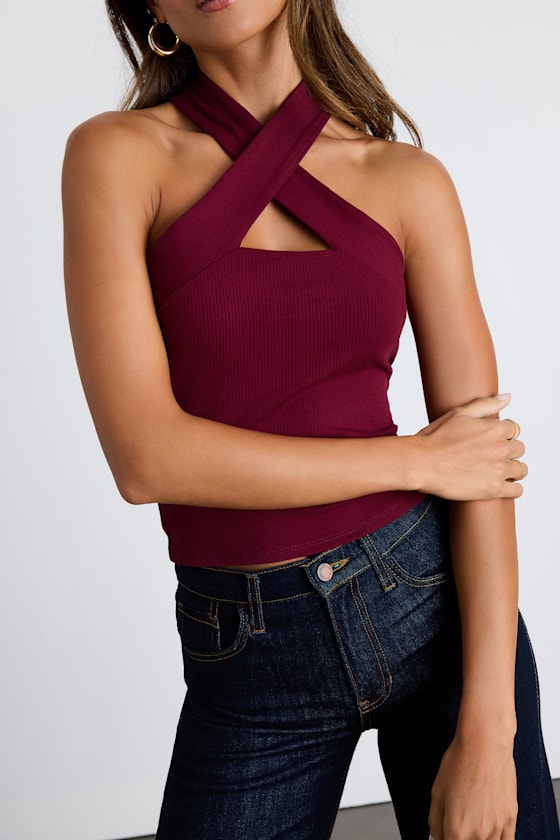 Essential Energy Wine Red Ribbed Sleeveless Cross-Front Top