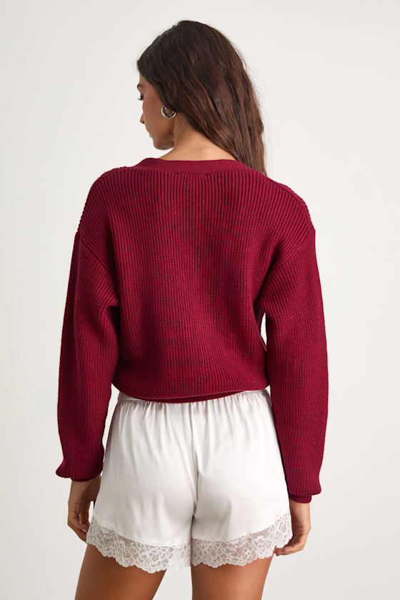 Toasty Babe Wine Red Knit Button-Up Cropped Cardigan