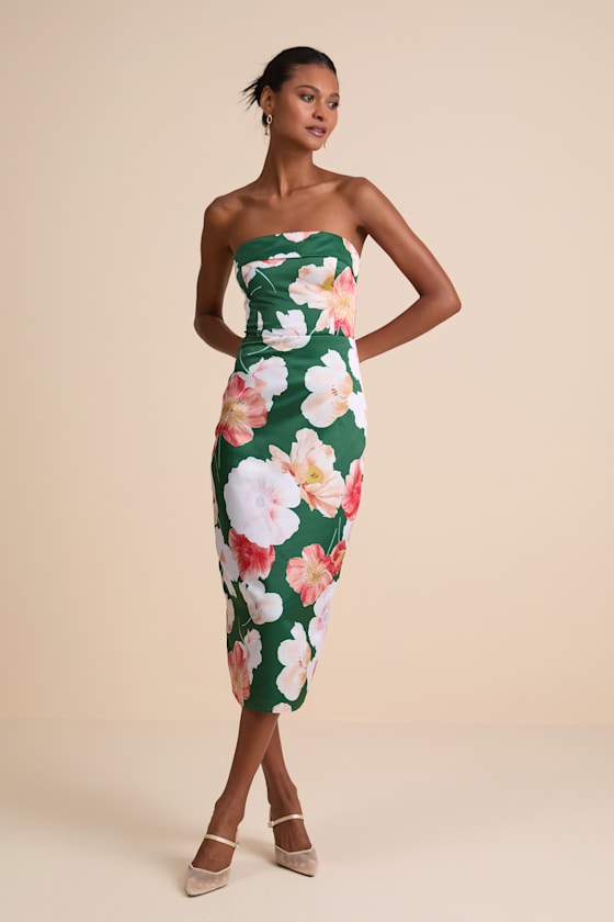 Oriana Dark Green Floral Satin Strapless Midi Dress