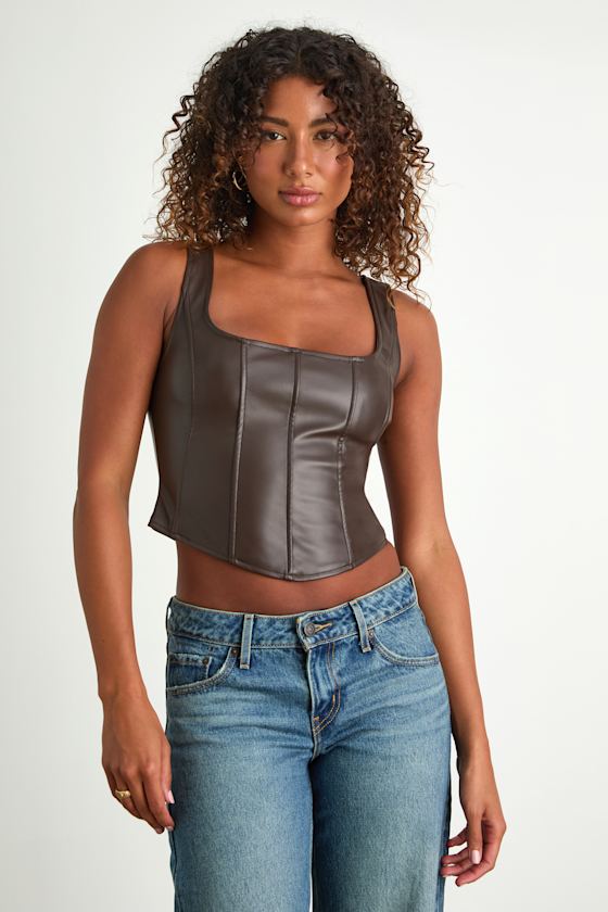 Alikah Dark Brown Vegan Leather Bustier Tank Top