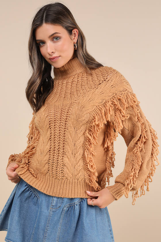 Wintertime Fave Tan Fringe Cable Knit Sweater