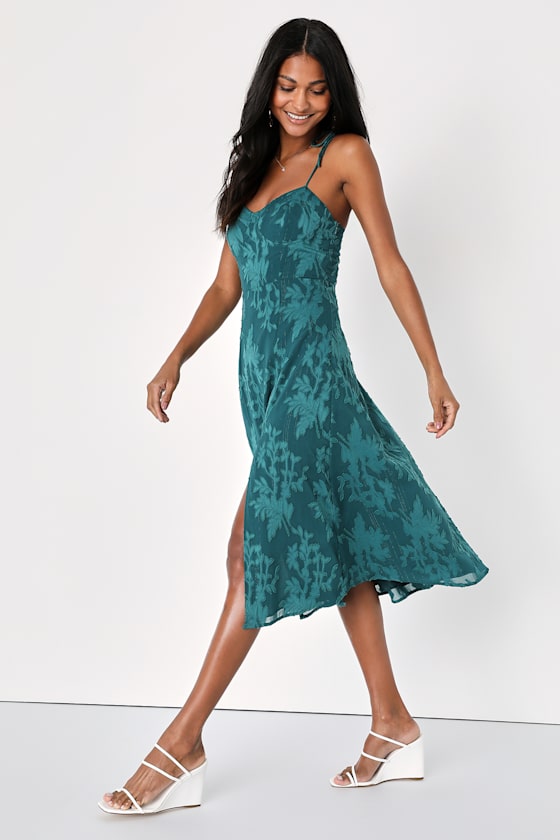 Loveliest Looks Emerald Green Jacquard Tie-Strap Midi Dress