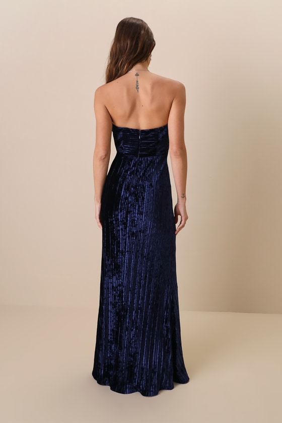 Classy Sensation Navy Blue Velvet Pleated Strapless Maxi Dress