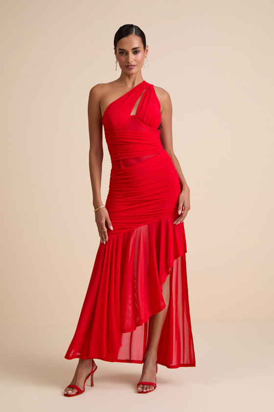 Marcellina Red Mesh Ruched One-Shoulder Maxi Dress