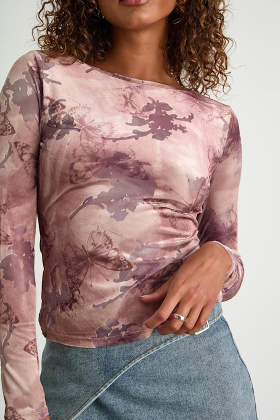 Farasha Mauve Burnout Butterfly Print Long Sleeve Top