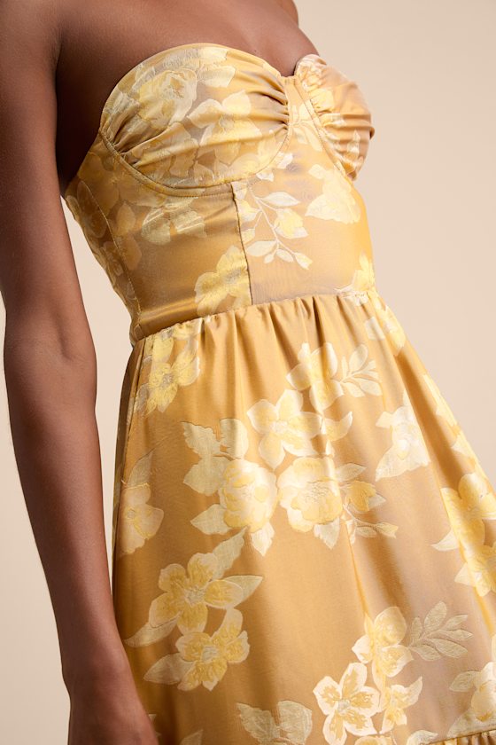 Petrina Golden Yellow Floral Jacquard Strapless Maxi Dress