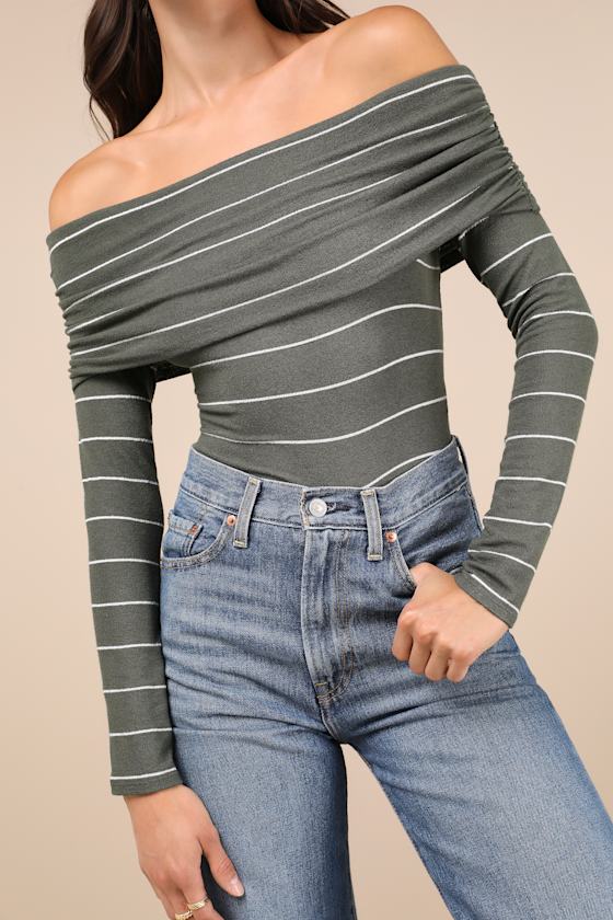Sweetest Concept Olive Striped Off-the-Shoulder Sweater Top