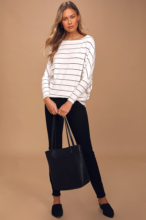 Verla White and Black Striped Dolman Sleeve Sweater Top