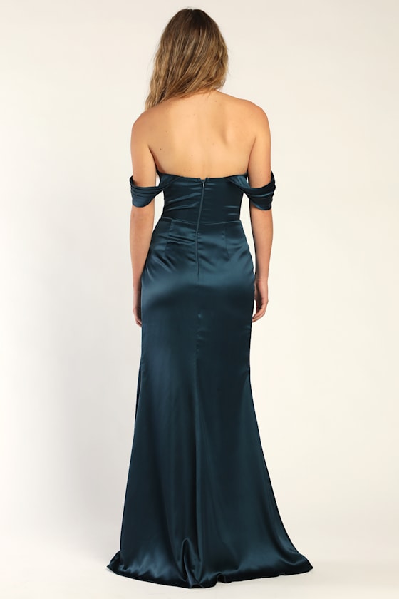 Stunning Arrival Dark Teal Satin Off-The-Shoulder Maxi Dress