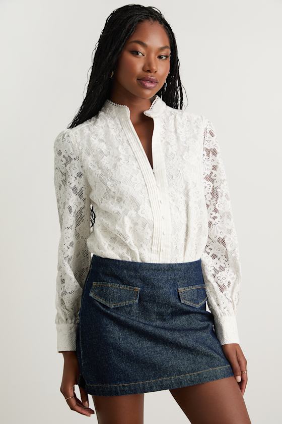 Mirabie Ivory Lace Button-Front Long Sleeve Bodysuit