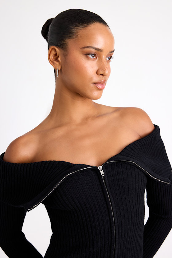 Trendy Aura Black Off-the-Shoulder Zip-Front Sweater Dress