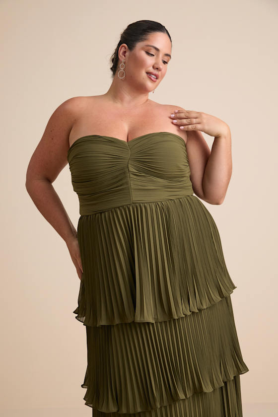 Seriously Sensational Olive Green Strapless Tiered Maxi Dress