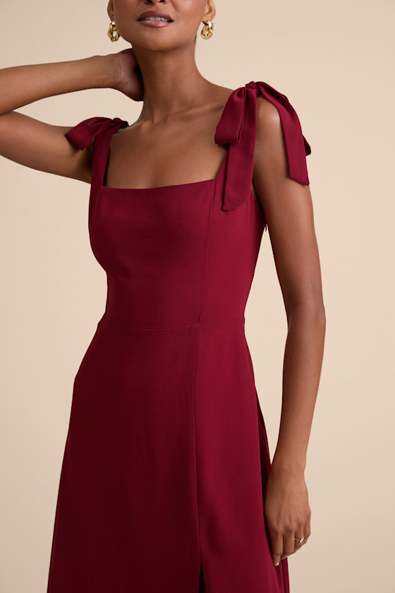 Summer Invite Wine Red Tie-Strap Tiered Midi Dress