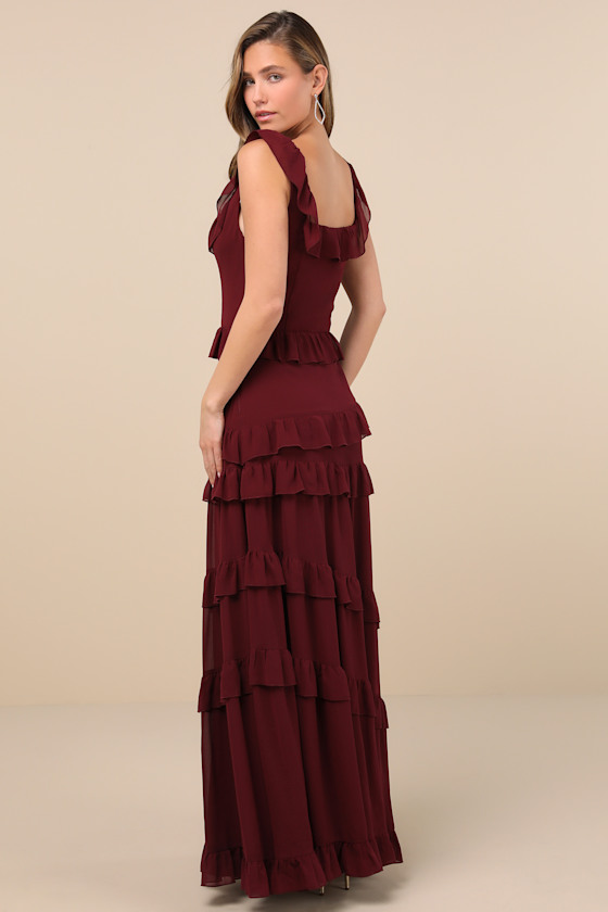 Compelling Romantic Burgundy Ruffled Tiered Maxi Dress