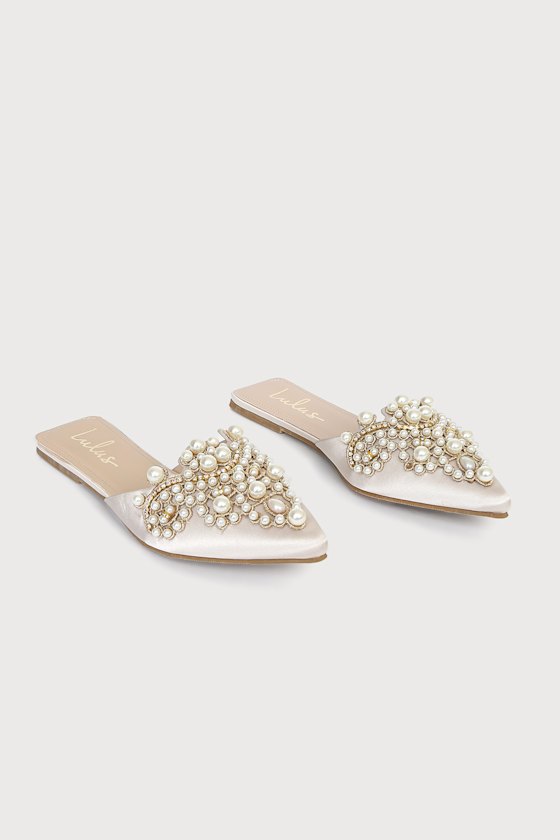 Flora Ivory Satin Pearl Embroidered Pointed-Toe Flats