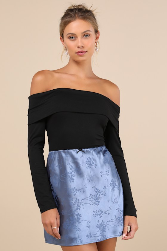 Darling Moves Blue Satin Jacquard Mini Skirt