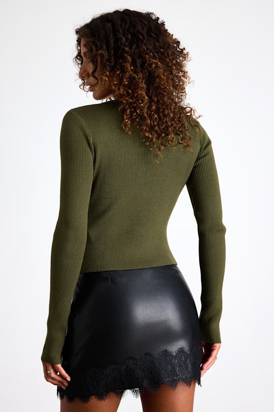 Mahita Olive Green Ribbed Cutout Button-Front Long Sleeve Top