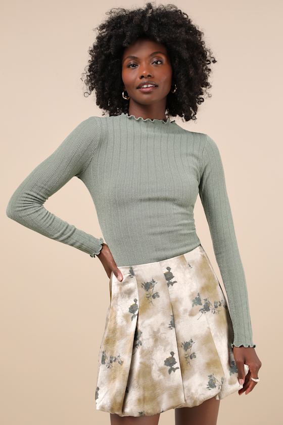 Darling Curation Olive Mottled Floral Bubble-Hem Mini Skirt