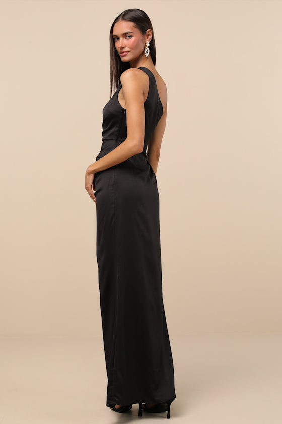 Dreaming of Elegance Black Satin One-Shoulder Maxi Dress