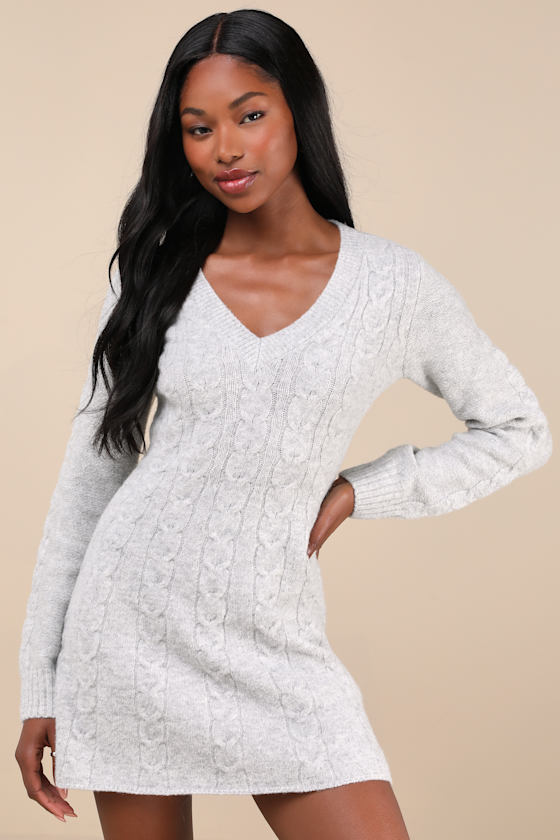 Snuggly Chic Grey Cable Knit Long Sleeve Sweater Mini Dress