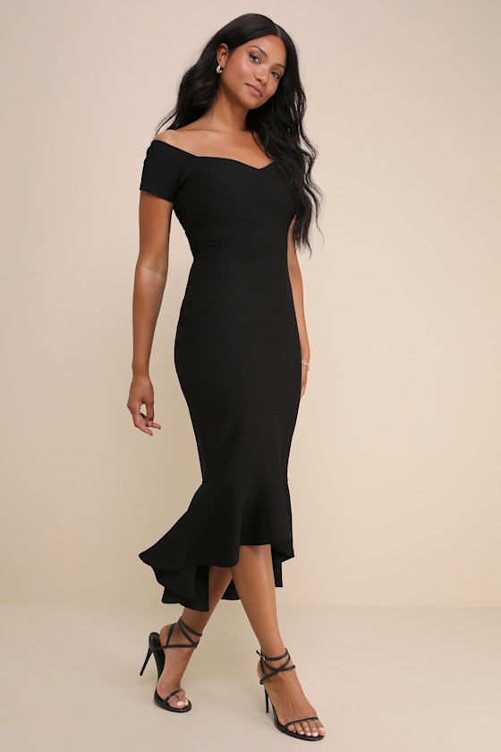 How Much I Care Black Off-the-Shoulder Midi Dress