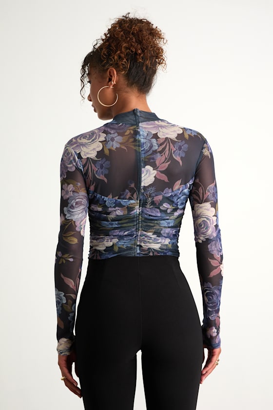 Clearly Alluring Blue Floral Mesh Long Sleeve Mock Neck Bodysuit