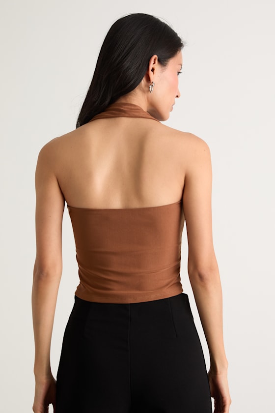 Laniah Light Brown Slinky Knit Halter Crop Top