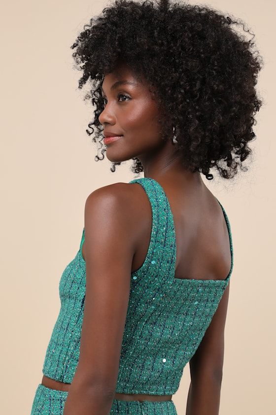 Exceptional Season Green Tweed Lurex Sequin Sleeveless Top