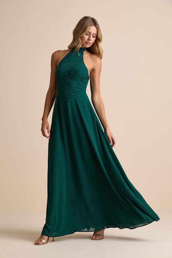 Cammie Emerald Halter Neck Ruched Maxi Dress