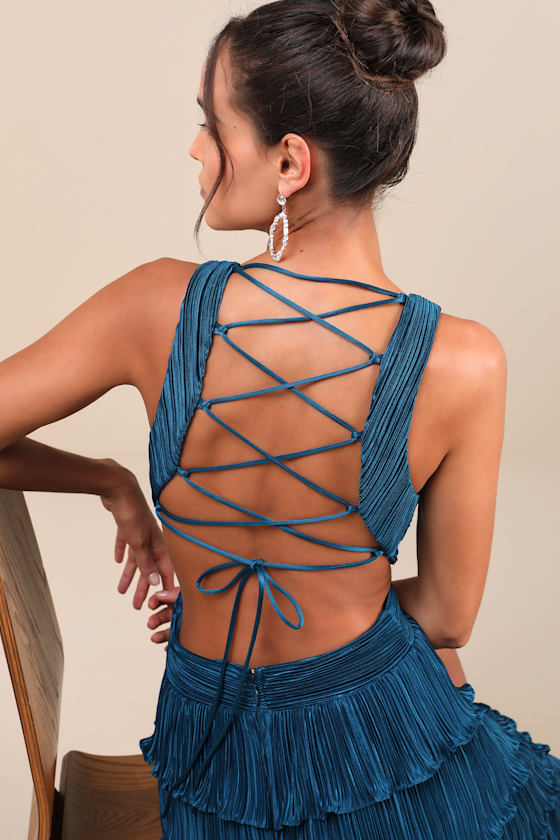 Beauty Icon Dark Teal Satin Pleated Tiered Lace-Up Maxi Dress