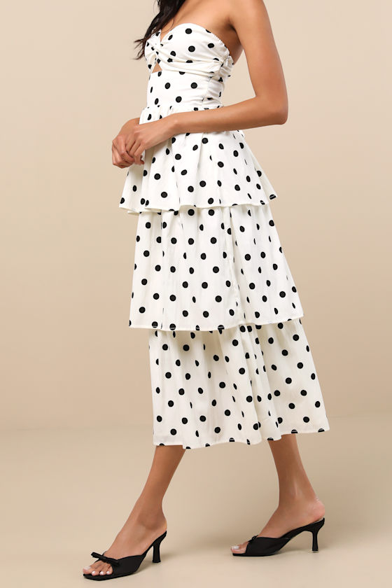 Modie White Polka Dot Twist-Front Lace-Up Midi Dress