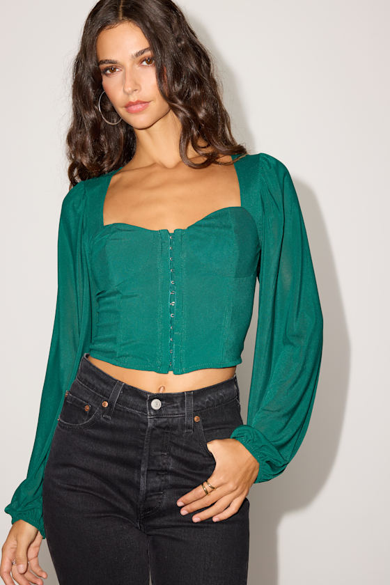 Feeling So Cute Dark Green Mesh Balloon Sleeve Crop Top