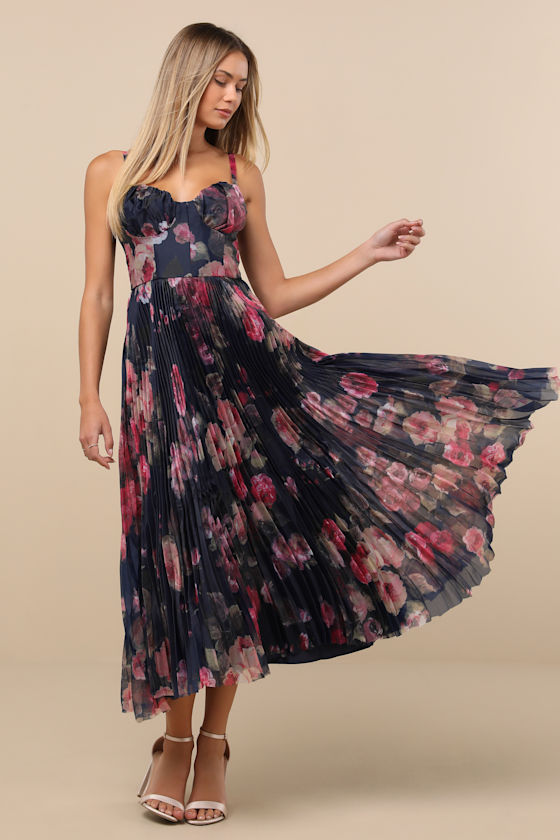 Alluring Invite Midnight Blue Floral Pleated Bustier Midi Dress