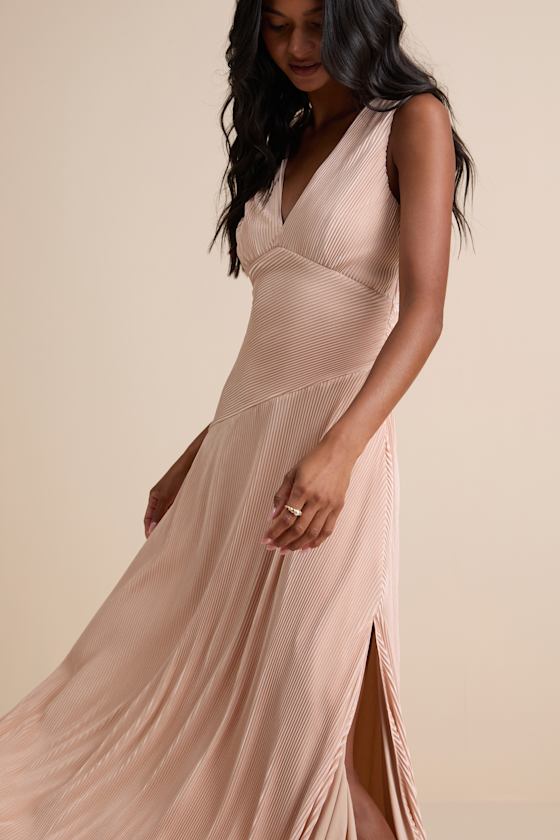 Renee Blush Satin Plisse V-Neck Maxi Dress