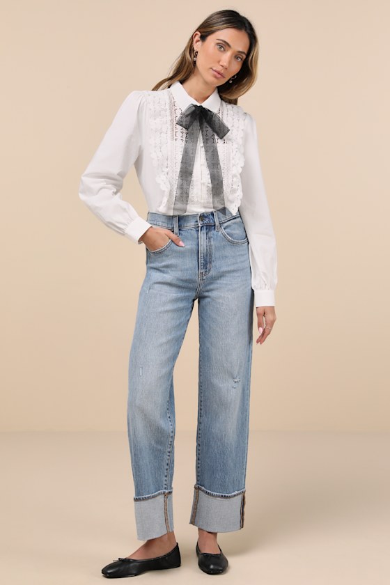 Outstanding Charisma White Crochet Lace Tie-Neck Button-Up Top