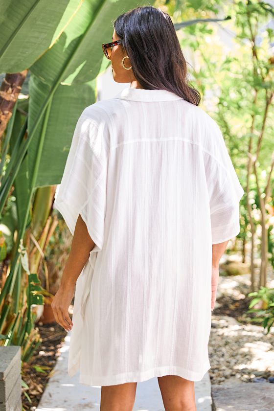 Pacific Tides White Striped Button-Up Swim Cover-Up Top