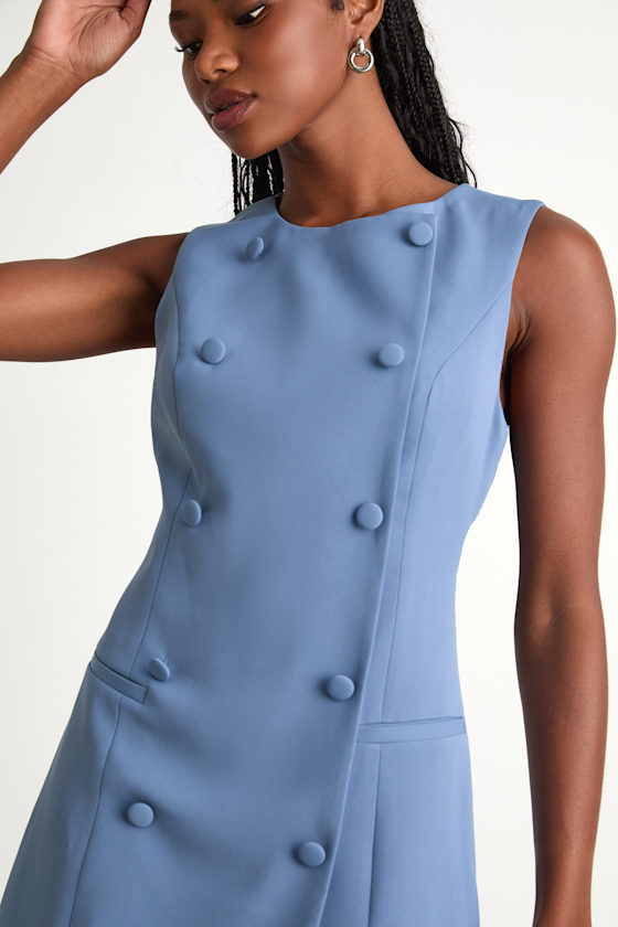 Adelie Dusty Blue Double Breasted Sleeveless Mini Dress