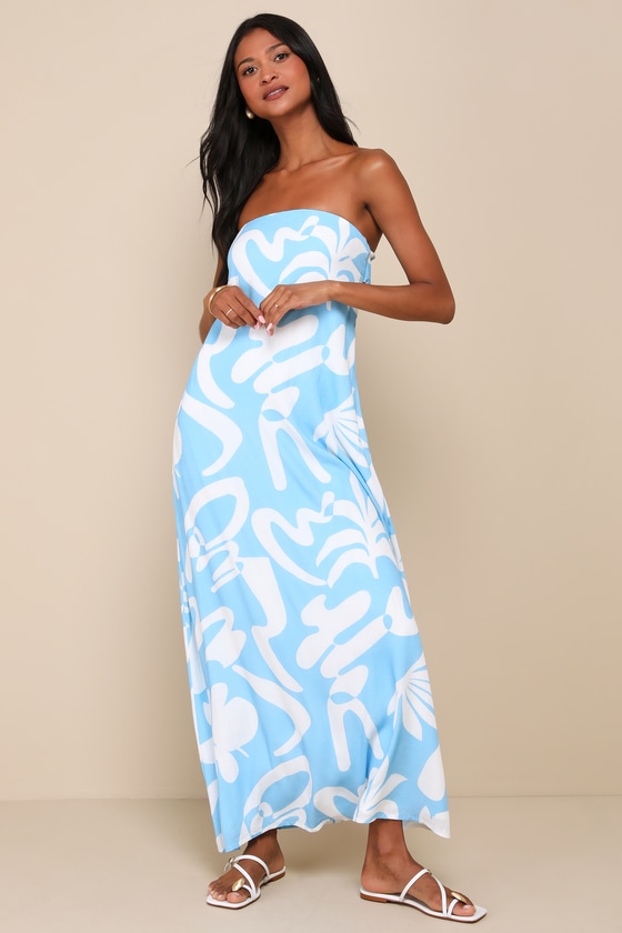 Summering in São Paulo Light Blue Abstract Strapless Maxi Dress